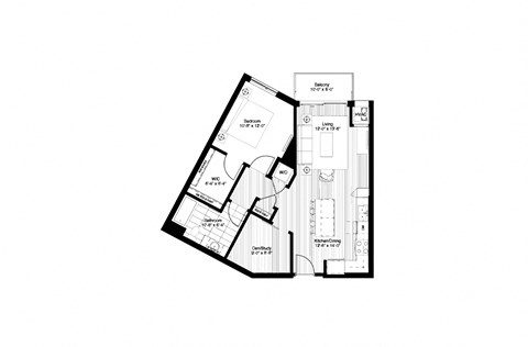 Floor plan for 1 bed, 1 bath, 838 sqft